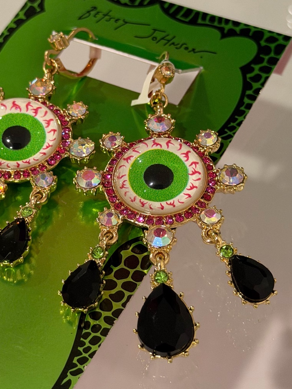 BETSEY JOHNSON DANGLE DROP EVIL EYE EARRINGS BLACK CRYSTAL TEARS HALLOWEEN NWT - Picture 7 of 10